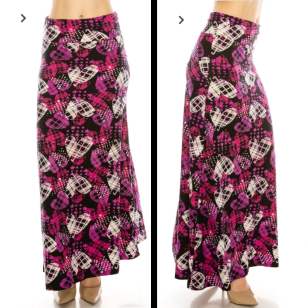 EEVEE Women's Purple Checkered Heart Print Long Maxi Skirt